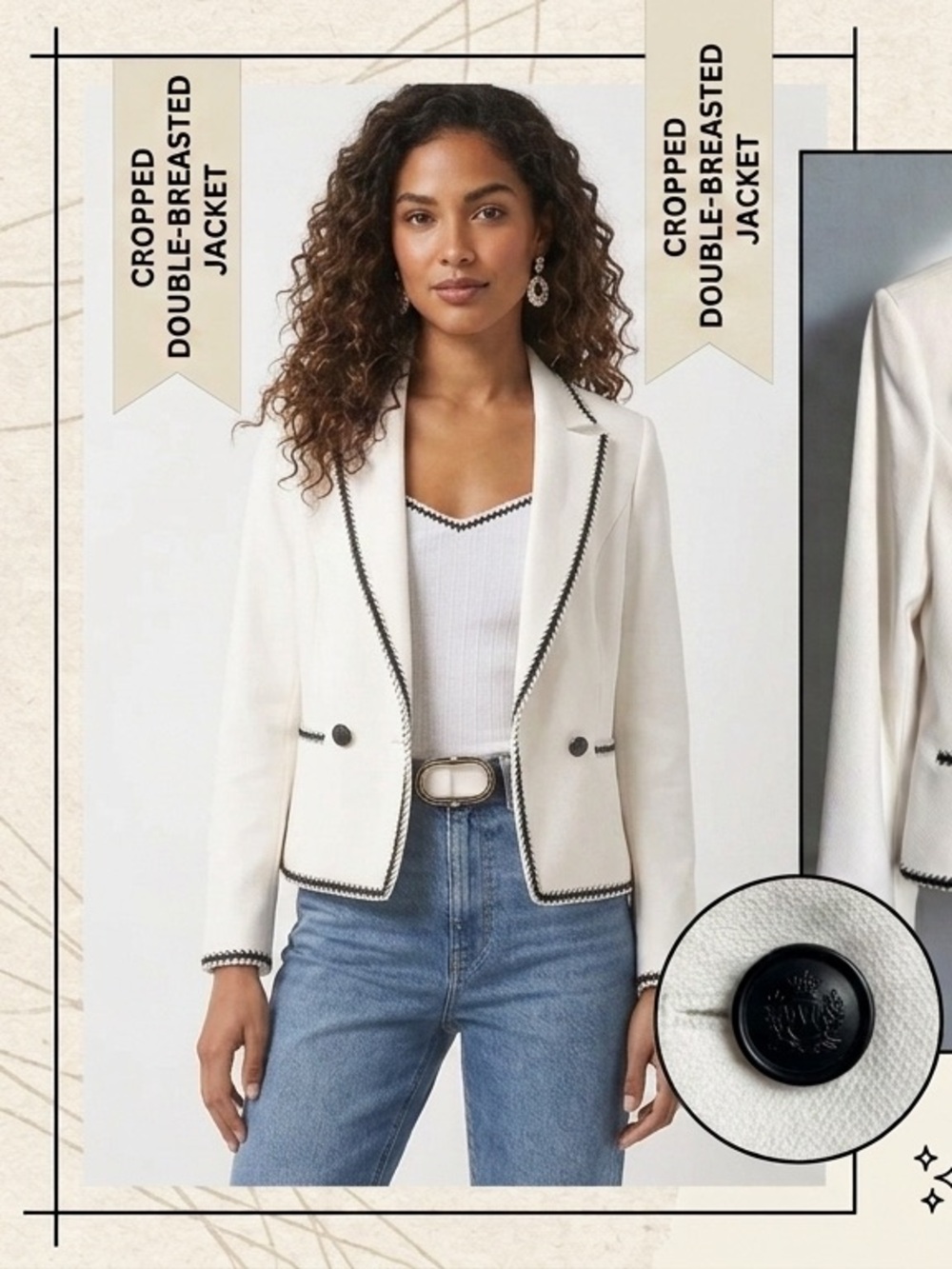 WHBM Cropped Tailored White Women's Blazer with Black Trim